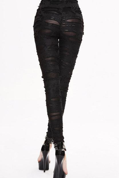 Black Leather Broken Holes Coated Knit Womens Pants