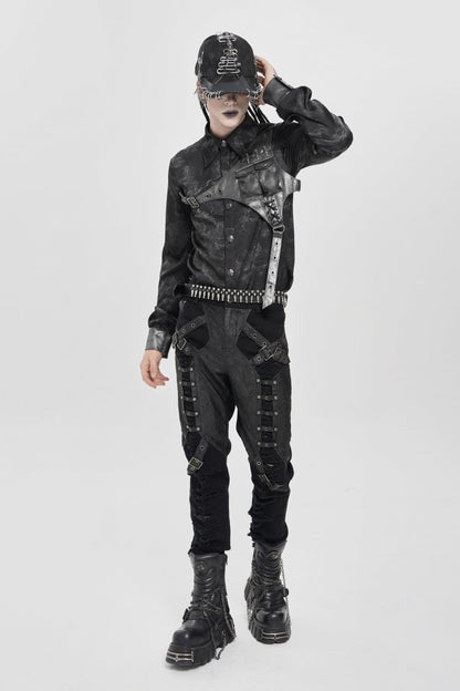 Black Long Sleeves Print Stitching Asymmetric Bullet Men's Punk Blouse