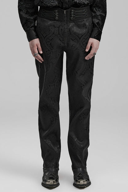 Black Jacquard Floral Print Decal Decoration Men's Gothic Pants