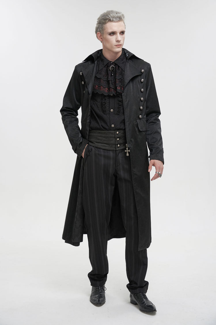 Black Lapel Collar Double Breasted Metal Cross Zip Men's Gothic Long Coat