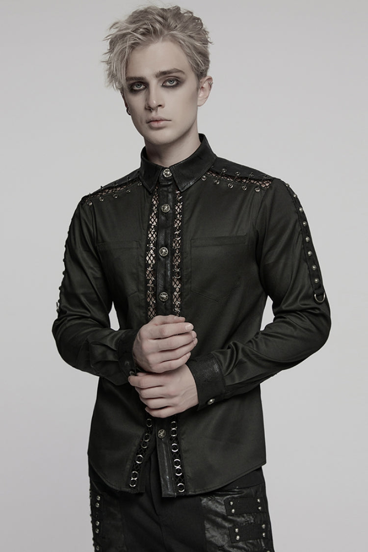 Black Lapel Collar Long Sleeves Stitching Mesh Men's Punk Blouse