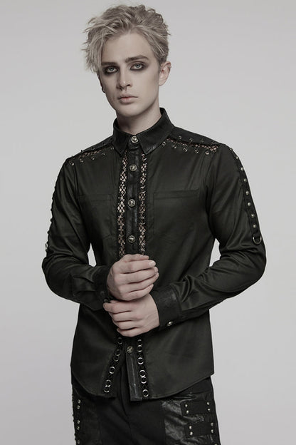 Black Lapel Collar Long Sleeves Stitching Mesh Men's Punk Blouse
