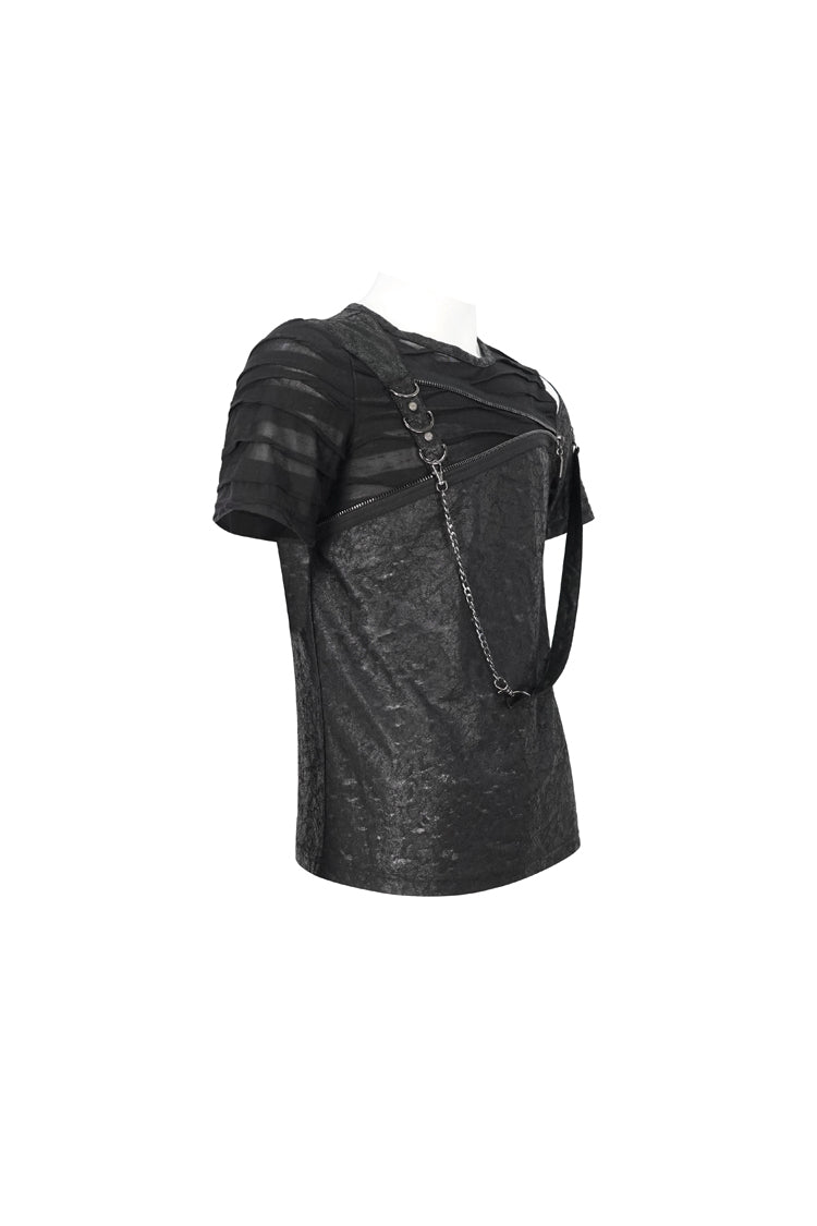 Black Left Off Shoulder Chest Zipper Embellished Men's Punk Short Sleeve