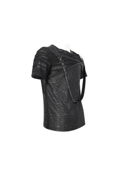 Black Left Off Shoulder Chest Zipper Embellished Men's Punk Short Sleeve