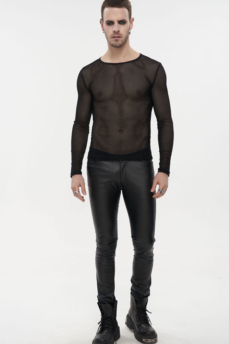 Black Gothic Elasticity High Neck Long Sleeve Mesh Men's Shirt