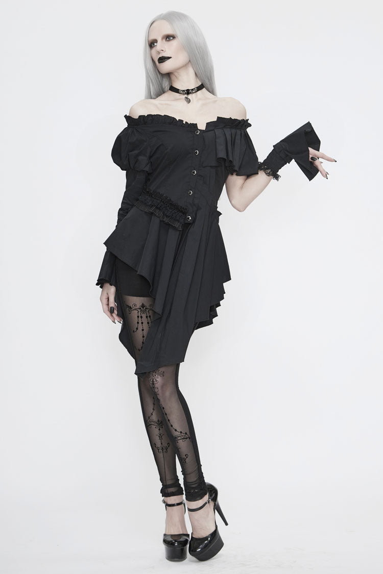 Black Off Shoulder Front Chest Frill Irregular Hem Women's Gothic Blouse