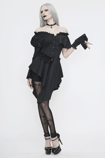 Black Off Shoulder Front Chest Frill Irregular Hem Women's Gothic Blouse