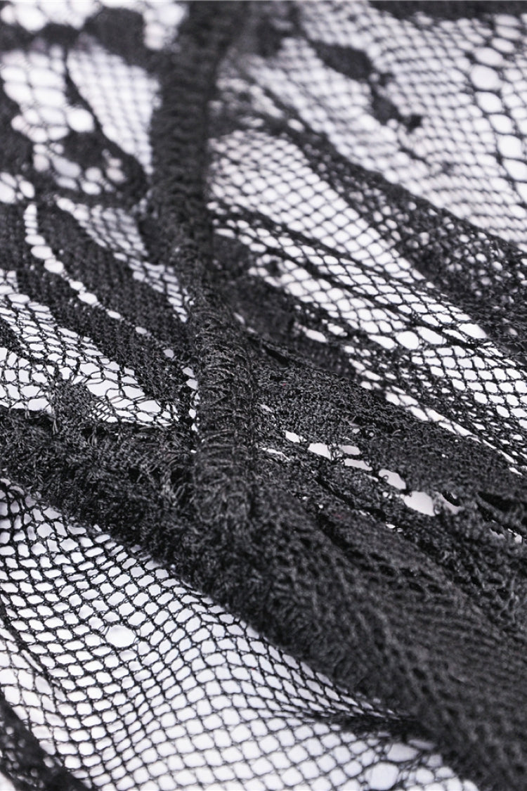 Black Long Trumpet Sleeves Sheer Floral Lace Women's Gothic Maxi Cloak with Belts