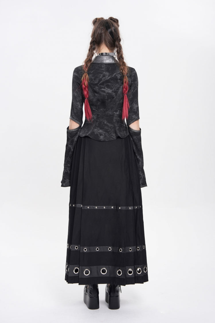 Black Lapel Collar Long Sleeves Print Lace-Up Cutout Women's Punk Blouse