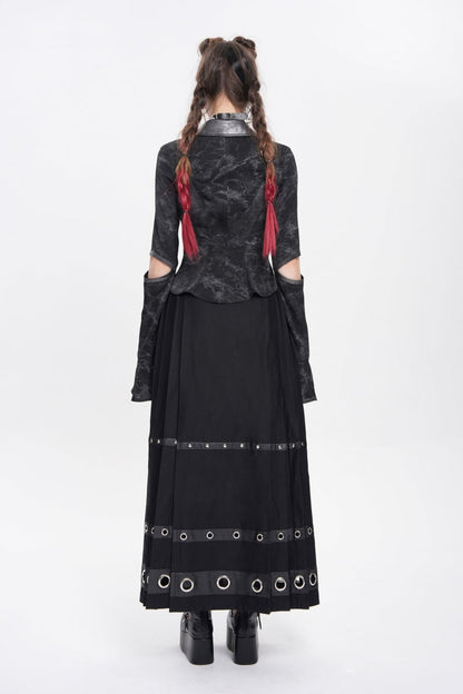 Black Lapel Collar Long Sleeves Print Lace-Up Cutout Women's Punk Blouse