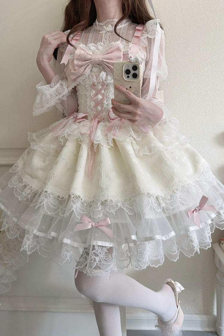 Apricot [Fleishi Island] Sleeveless Ruffle Bowknot Lace Slim Sweet Ballet Lolita Jsk Dress