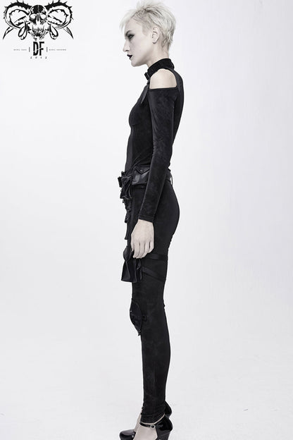 Black Hasp Knitted Collar Off-Shoulder Ribbon Irregular Floral Pattern Stretch Women's Punk Coat