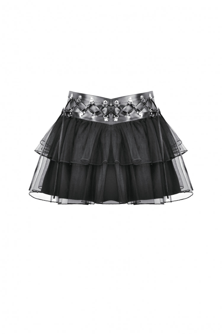 Black Multi-Layered Lace Mesh Women's Punk Short Skirt with D-Ring Ties Waist
