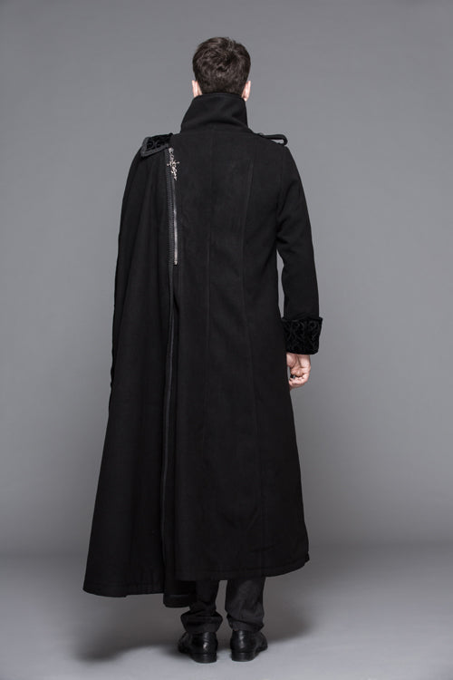 Black Detachable One Sided Shawl Double Sided Woollen Thick Mens Punk Long Coat