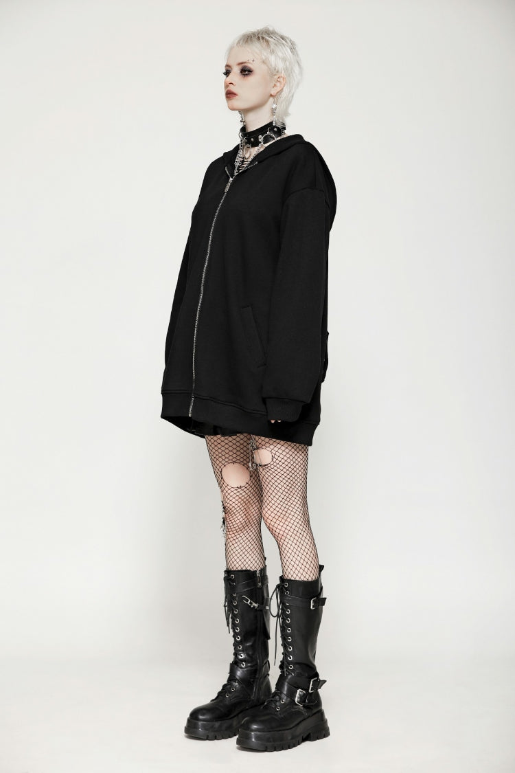 Black Long Sleeves Zippered Women's Gothic Batwing Hoodie