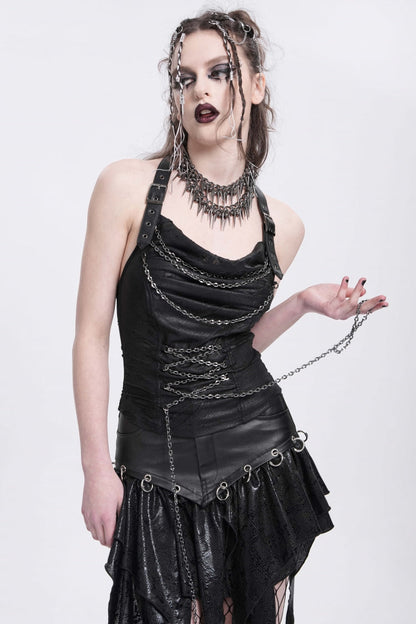 Black Halterneck Ripped Chained Women's Punk Vest