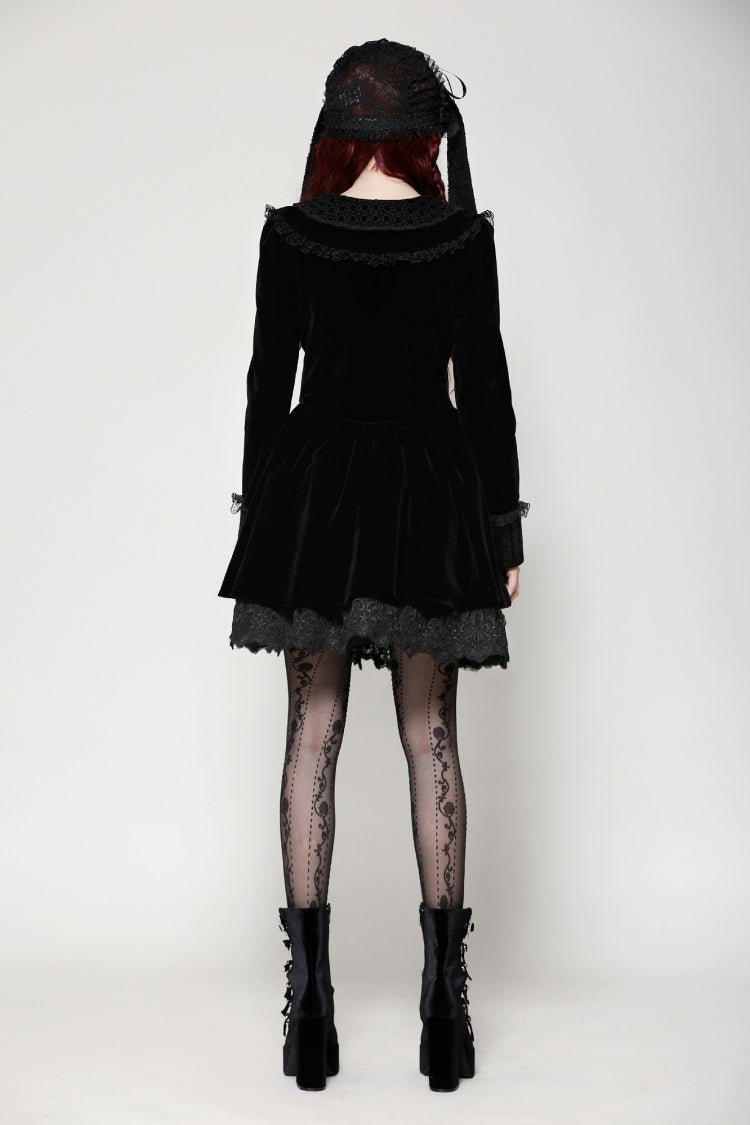 Black Long Sleeves Lace Women's Gothic Velvet Short Dress
