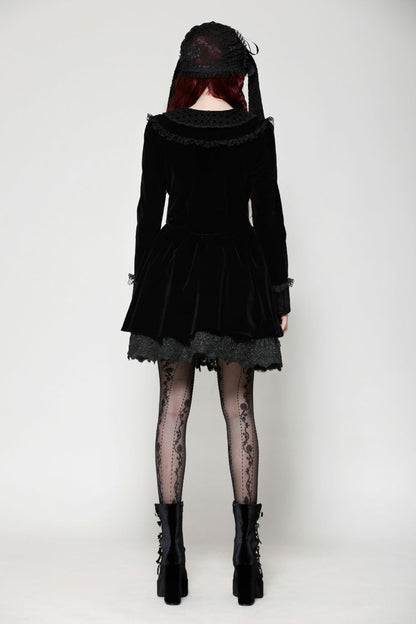 Black Long Sleeves Lace Women's Gothic Velvet Short Dress