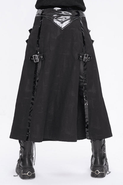Black Patent Leather Splice Split Men's Punk Skirt
