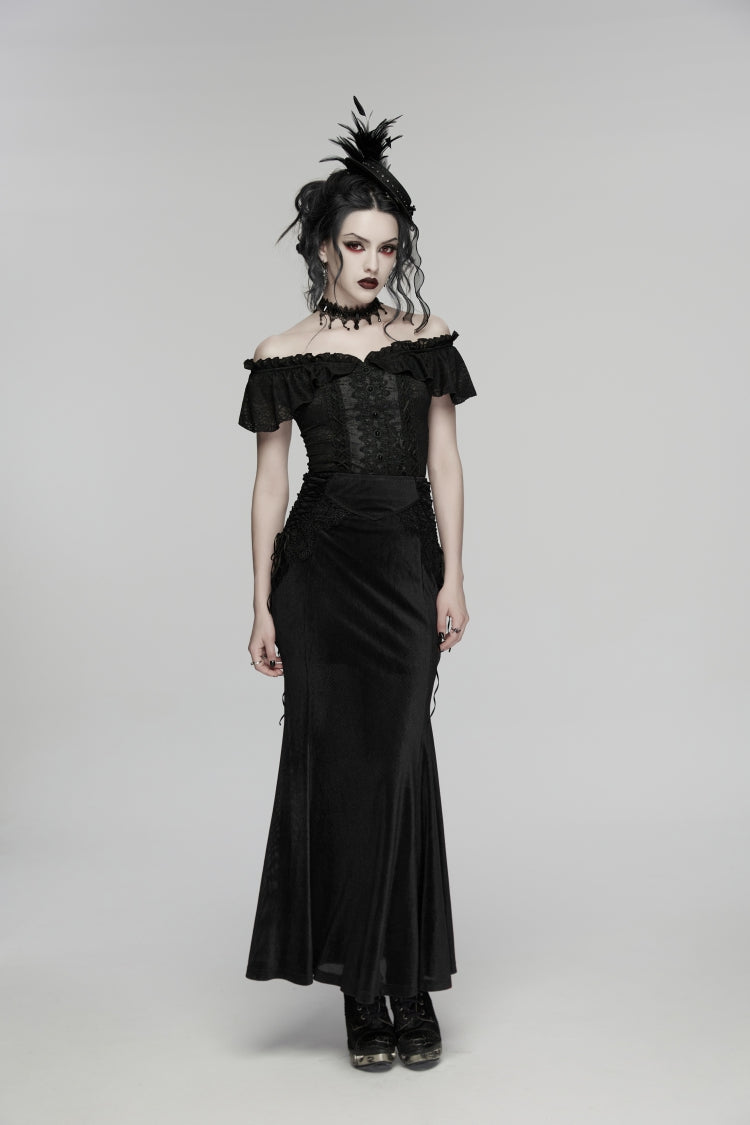 Black Embroidered Lace-Up Slim Women's Gothic Elegant Long Skirt