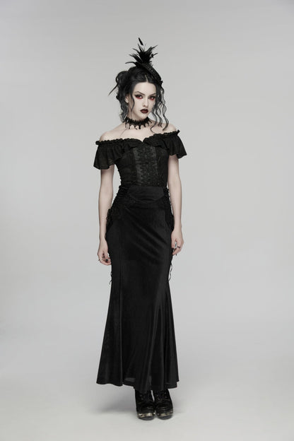 Black Embroidered Lace-Up Slim Women's Gothic Elegant Long Skirt