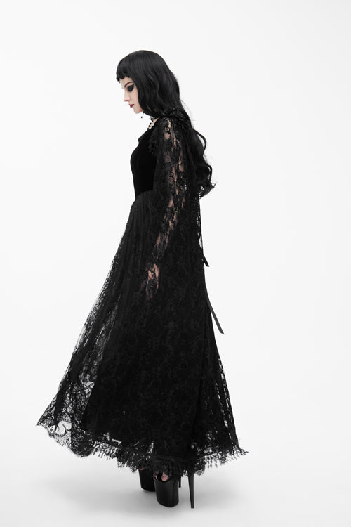 Black Feather And Flowers Off Collar Sexy Long Velvet Womens Gothic Dress With Lace Shawl