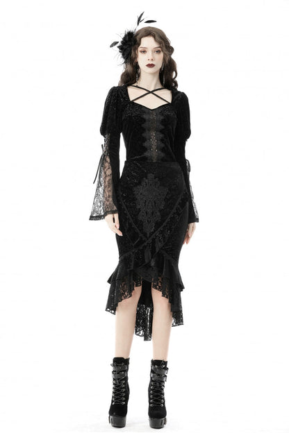 Black Jacquard Lace Lace-Up Women's Gothic Dovetail Wrap Skirt