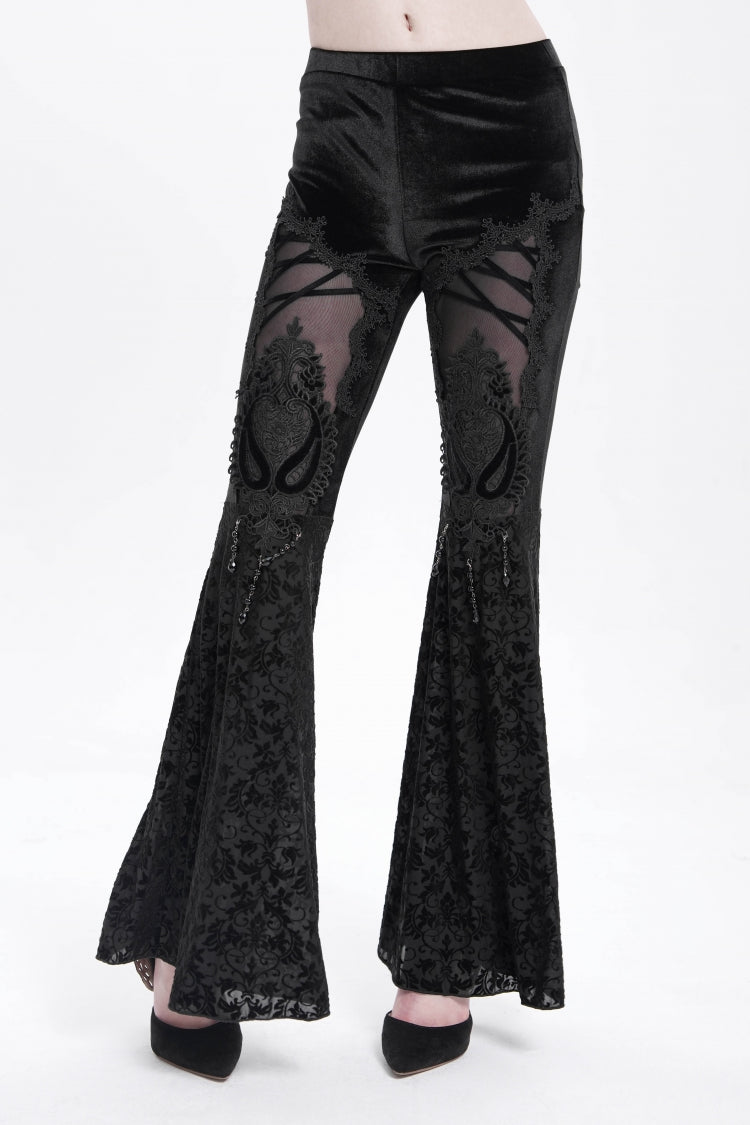 Black Hollow Floral Embroidery Women's Gothic Flared Pants