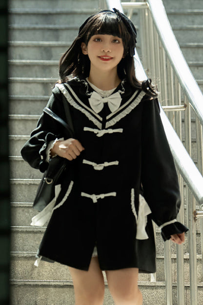 Black Horn Button Suit Collar Lantern Sleeves Back Bow Sweet Lolita Coat