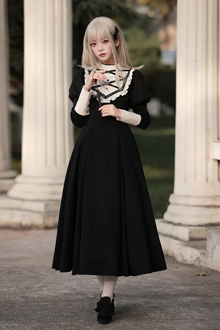 Black Nun Style Stand Collar Long Sleeves Ruffle Bowknot Gothic Elegant Lolita Dress