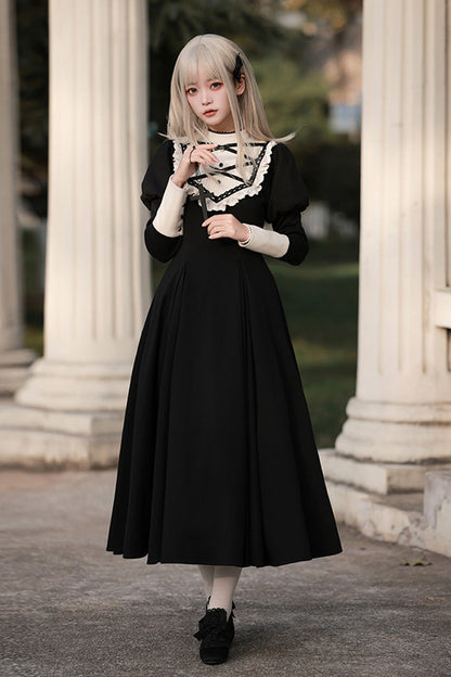 Black Nun Style Stand Collar Long Sleeves Ruffle Bowknot Gothic Elegant Lolita Dress