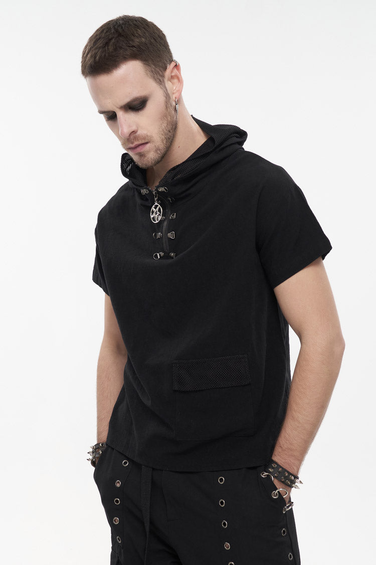 Black Hooded Mesh Splice Zipper Back Openwork Lace-Up Casual Short Sleeve Men's Punk T-Shirt