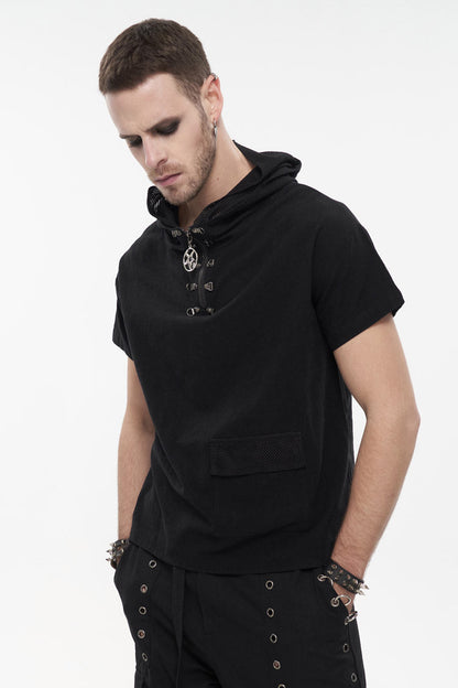 Black Hooded Mesh Splice Zipper Back Openwork Lace-Up Casual Short Sleeve Men's Punk T-Shirt