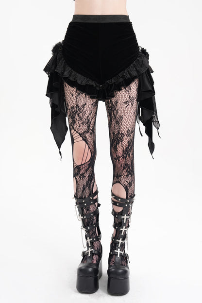 Black Plumed Ruffle Mesh Women's Gothic Shorts