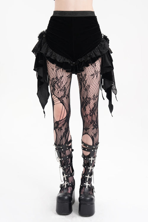 Black Plumed Ruffle Mesh Women's Gothic Shorts