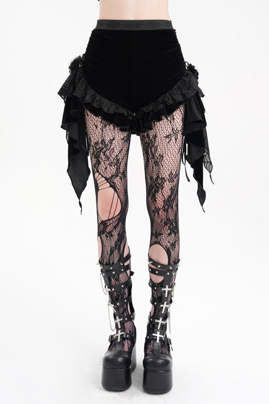 Black Plumed Ruffle Mesh Women's Gothic Shorts