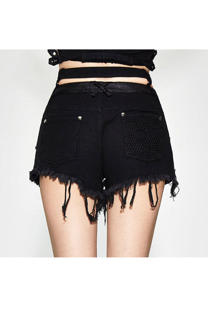 Black Double Waistband Burr Distressed Women's Punk Shorts