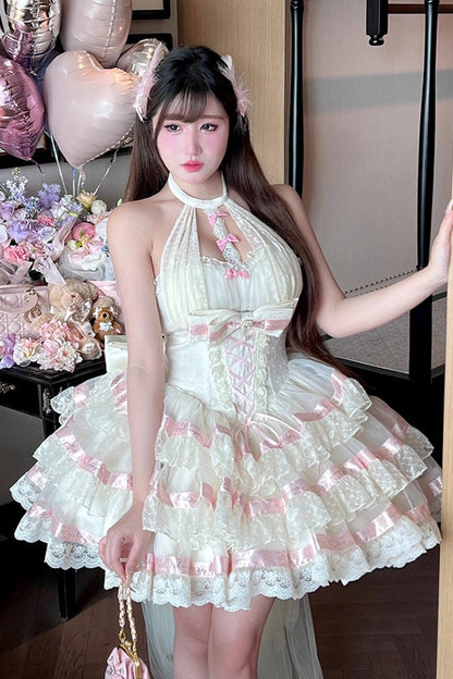Beige [Ballet Dream] Halterneck Triple-Layered Ruffle Bowknot Lace-Up Sweet Princess Lolita Dress