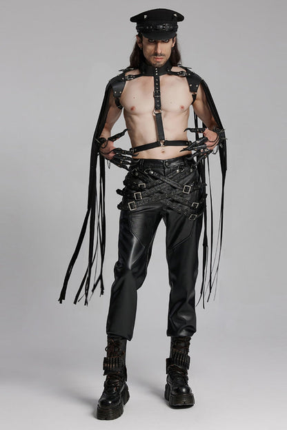 Black Mesh Buckle Strap Men's Punk Pants
