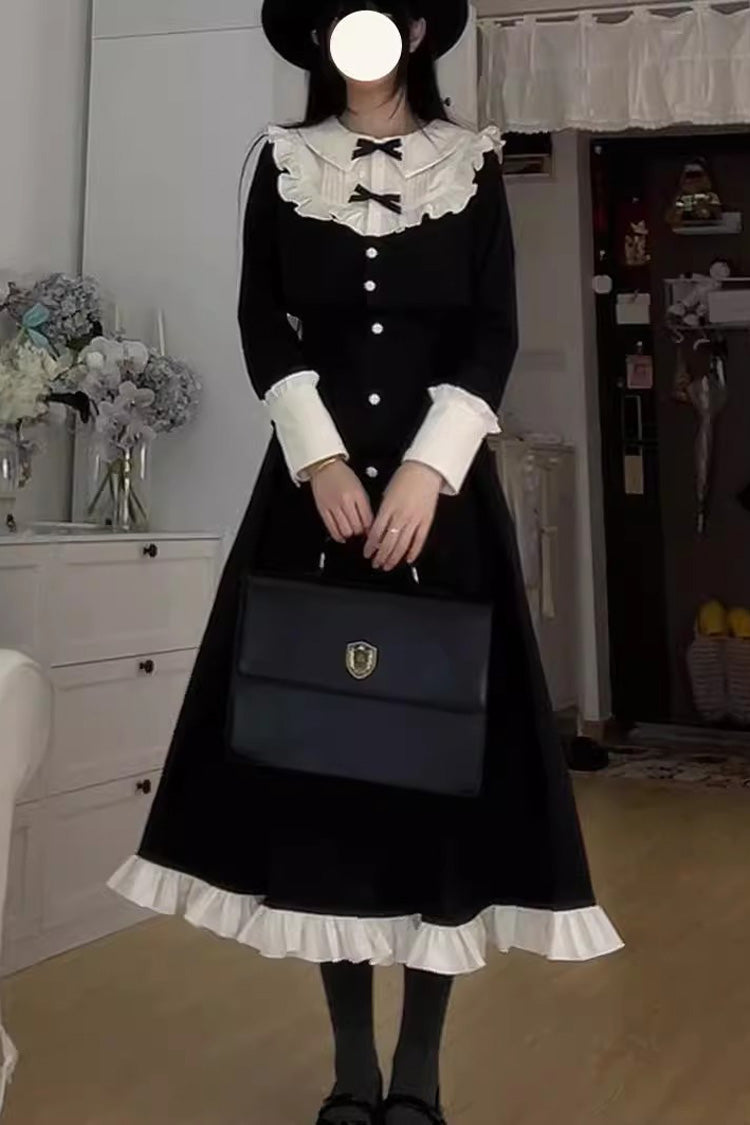 Black Long Sleeves Ruffle Bowknot Vintage Elegant Lolita Dress Two Pieces Set
