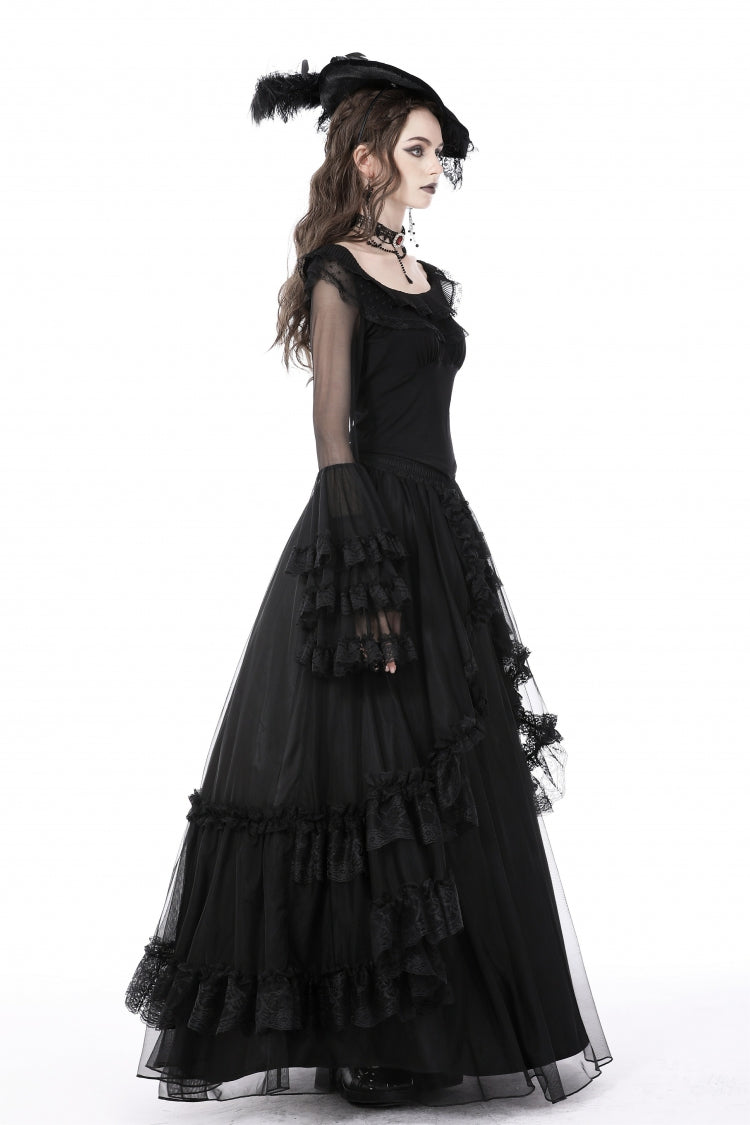 Black Multi-Layered Ruffled Lace Long Trumpet Sleeves Women's Gothic Princess Sexy Top