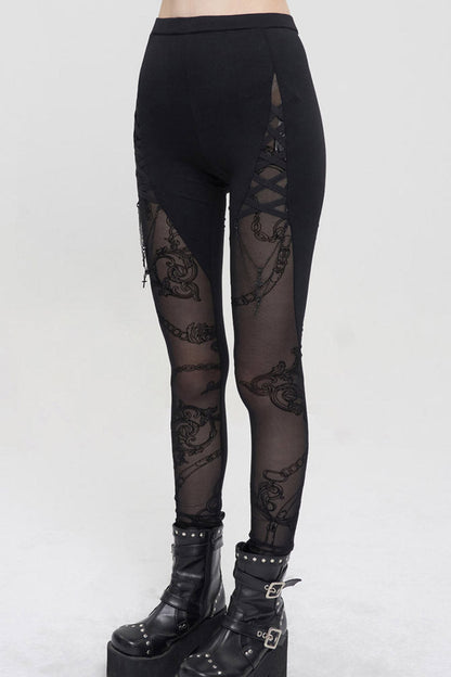 Black Detachable Knitted Fabric Splicing Printing Mesh Women's Punk Leggings