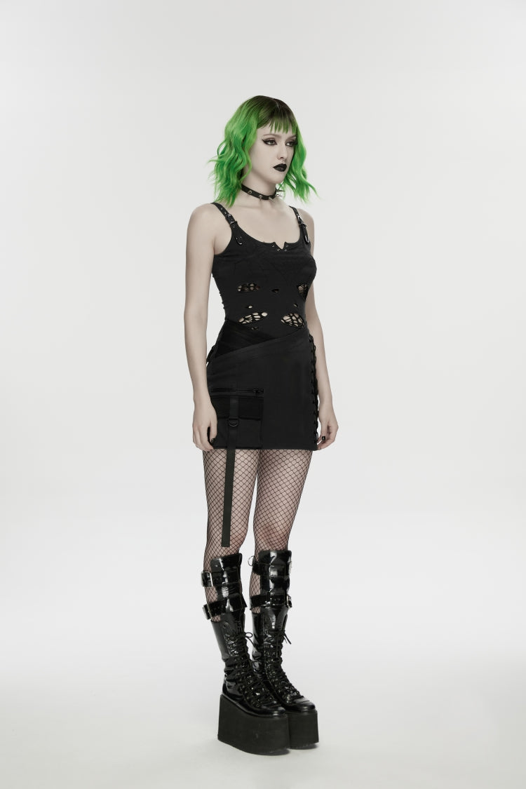 Black Lace-Up Slim Asymmetric Zippered Eyelet Women's Punk Handsome Skirt
