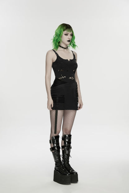 Black Lace-Up Slim Asymmetric Zippered Eyelet Women's Punk Handsome Skirt