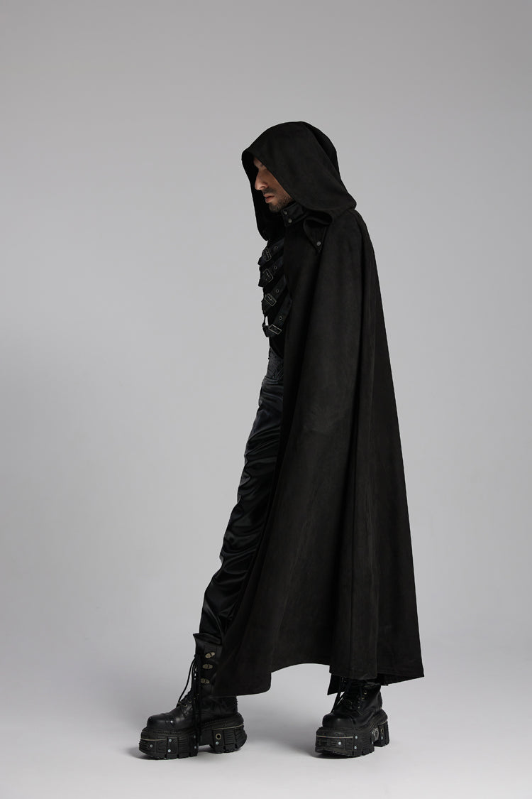 Black Hooded Buckle-up Rivets Men's Punk Cloak