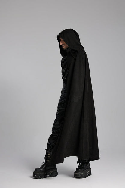 Black Hooded Buckle-up Rivets Men's Punk Cloak