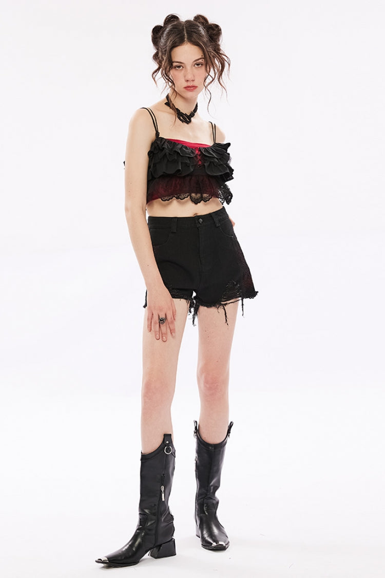 Black Multi-layer Hollow Stitching Lace Women's Gothic T-Shirt