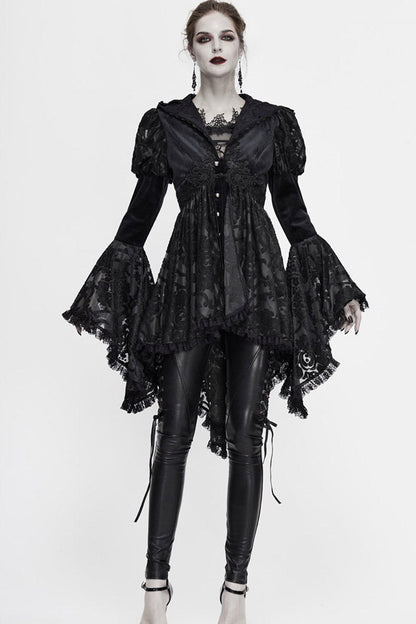 Black Knit Velvet Hooded Front Chest Decals Metal Retro Button Lace Cuff Women's Gothic Coat