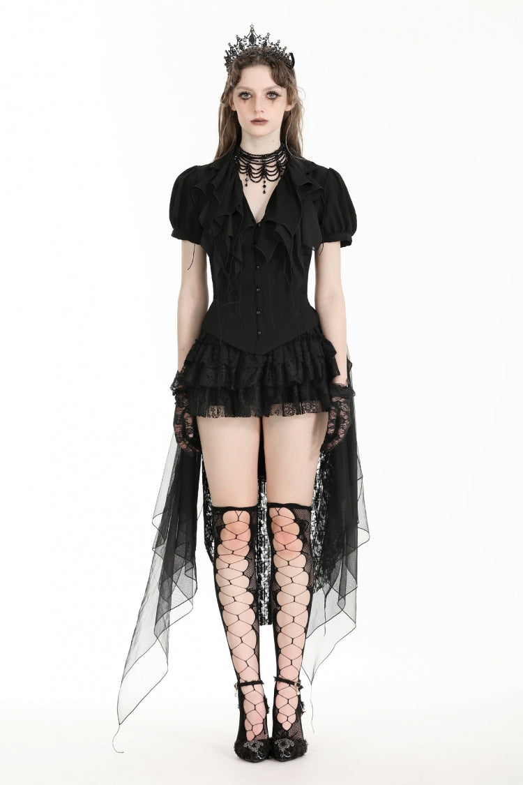 Black Multi-Layered Deep V Collar Pleated Short Puff Sleeves Lace-Up Gothic Blouse