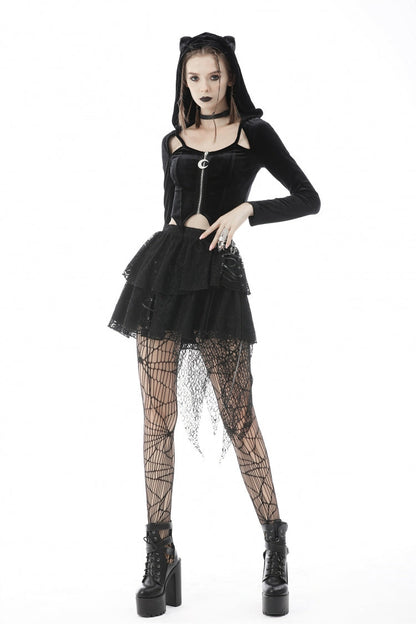 Black Long Sleeves Irregular Moon-shaped Zipper Women's Punk Crop Top with Cat's Ears Hood
